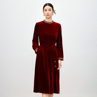 水墨佳人复古宫廷风丝绒连衣裙女收腰系带刺绣装饰端庄大气减龄