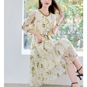 水墨佳人2026春晕染印花连衣裙女夏中袖 收腰气质温柔风蛋糕长裙