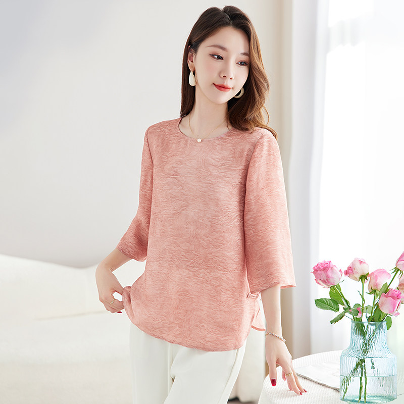 水墨佳人真丝宽松上衣女夏季2025新款圆领轻奢桑蚕丝小衫洋气减龄,女装/女士精品,衬衫,淘宝优惠券,粉丝福利购,淘宝优惠卷