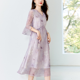 水墨佳人2025夏季新款v领短袖荷叶边遮肚显瘦真丝桑蚕丝A字裙长裙