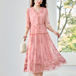 水墨佳人2025新款桑蚕丝重工绣花素色中长款连衣裙女真丝连衣裙子