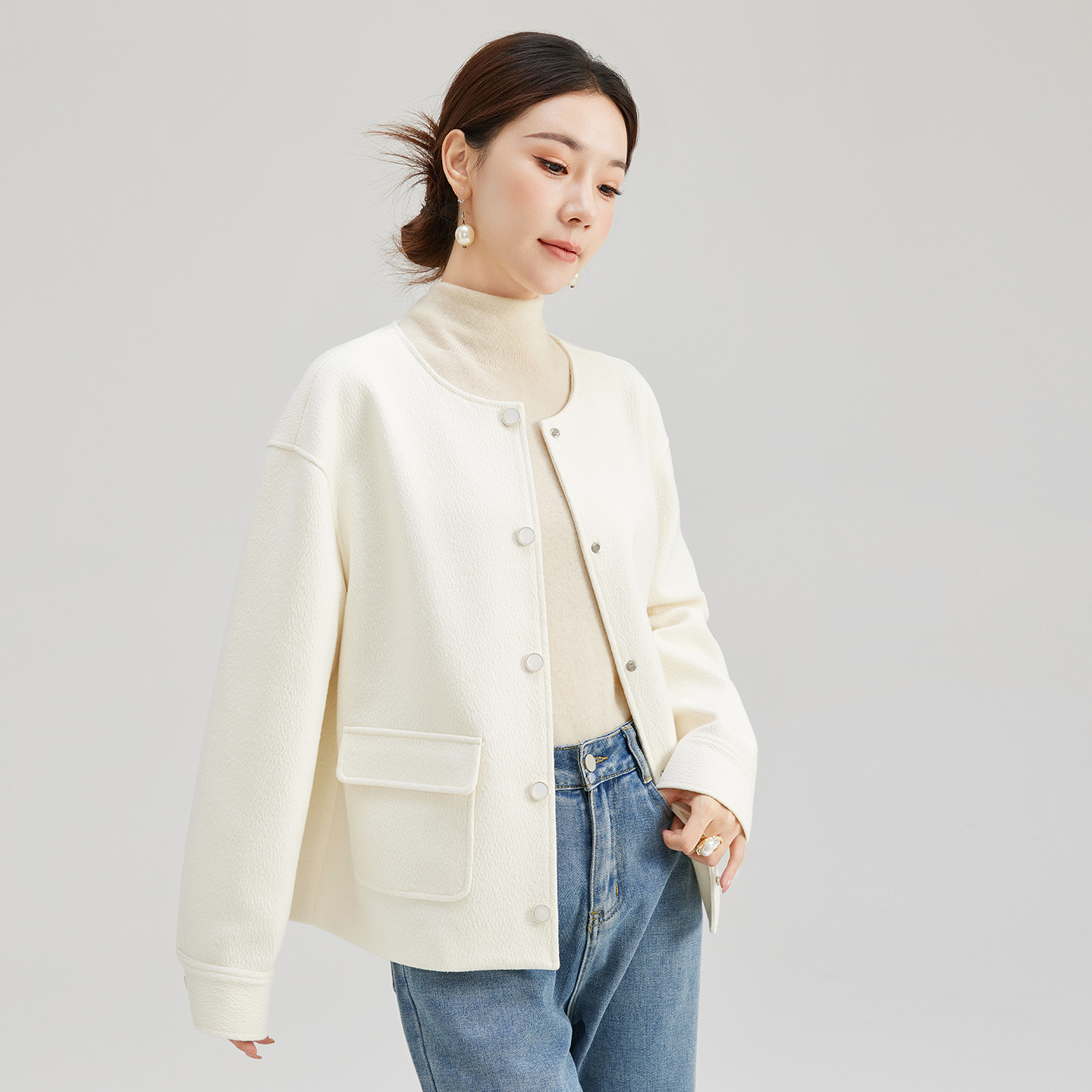 新中式醋酸羊毛短款外套女显瘦