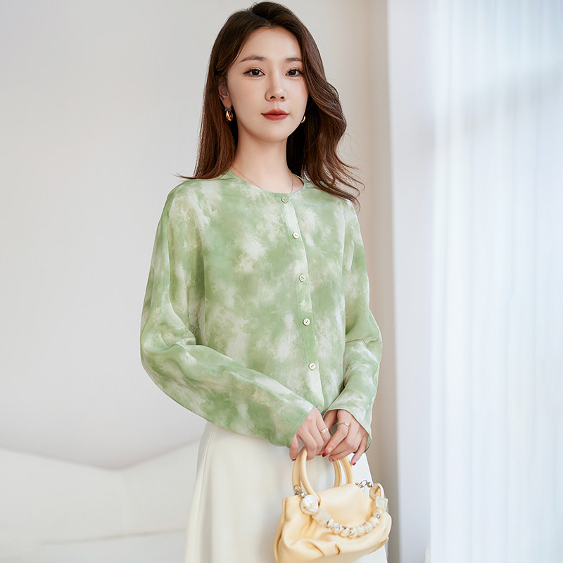 水墨佳人宽松真丝双绉上衣女夏季2025新款绿色圆领长袖衬衣轻奢桑