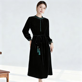 水墨佳人香云纱圆领桑蚕丝丝绒连衣裙女春秋季 高端中国风妈妈气质