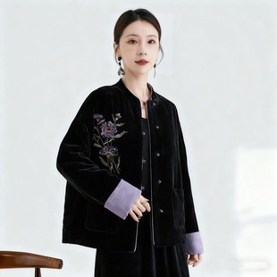 水墨佳人新中式100桑蚕丝真丝外套女士短款黑色刺绣气质轻奢上衣