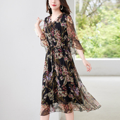 水墨佳人夏款 碎花连衣裙气质高贵阔太太中年短袖 真丝桑蚕丝裙子女