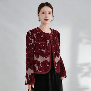 水墨佳人复古轻奢风绒面圆领花卉图案短款贴袋外套通勤显瘦百搭女