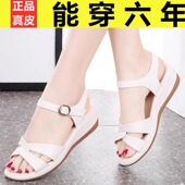 厚底一字扣防滑妈妈女鞋 女2026年夏新款 凉鞋 品牌撤柜真皮坡跟时尚