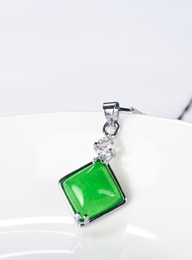 菱形挂件项链坠配饰银镶玉