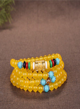 108颗圆珠黄玉髓手链六字真言