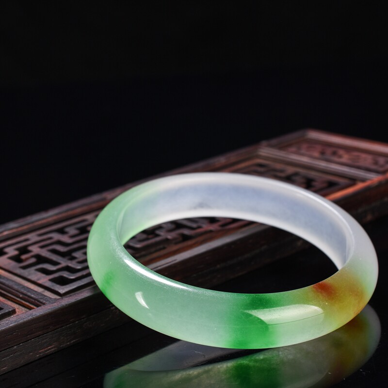 缅甸冰种玉手镯冰透飘春色飘黄翡宽版女款三彩白绿黄翡翠玉石玉镯