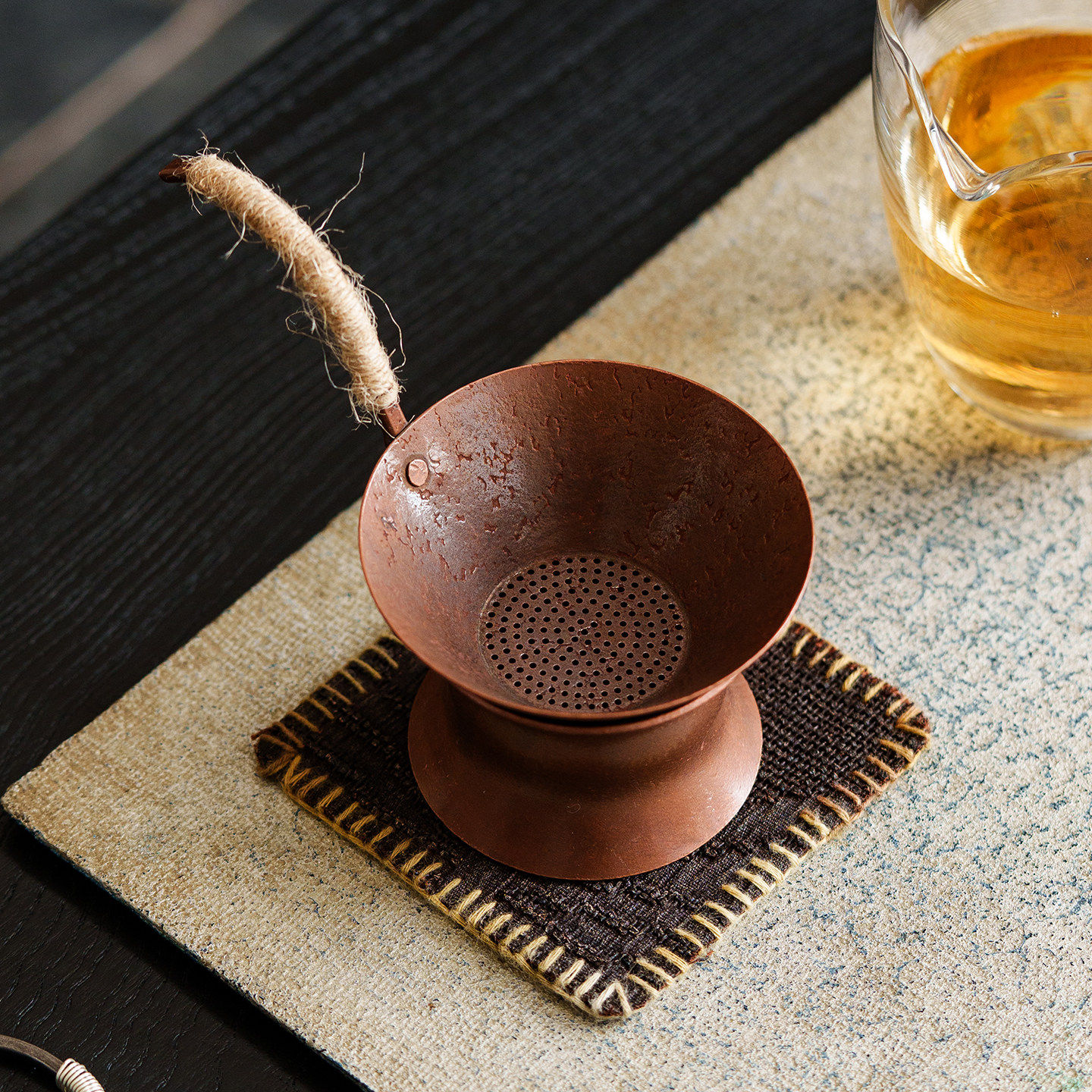 紫铜锤纹茶漏复古麻绳手柄茶滤茶叶过滤器茶漏器家用茶器茶道配件