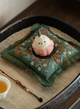棉麻流苏边茶道茶宠摆件茶壶垫子新中式复古刺绣壶承垫花卉茶席垫