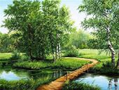 DIY数字油画自己填色材料包春天来了森树白桦林山涧小河溪装 饰画