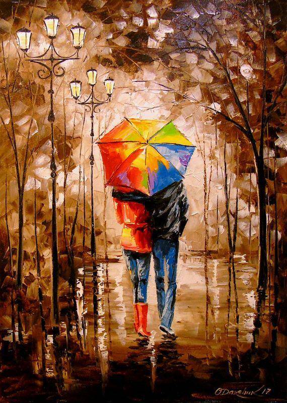 diy数字油画自己填色风雨中情人红色雨伞情侣相拥背景家居装饰画