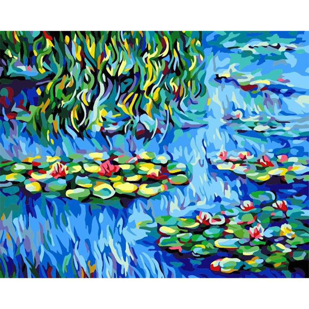 diy数字油画自己填色材料包盛开荷花池塘睡莲植物风景清新 装饰画