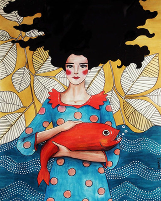 diy数字油画自己填色红黑发女生人诡异波点抱鱼卡通家居装饰新款