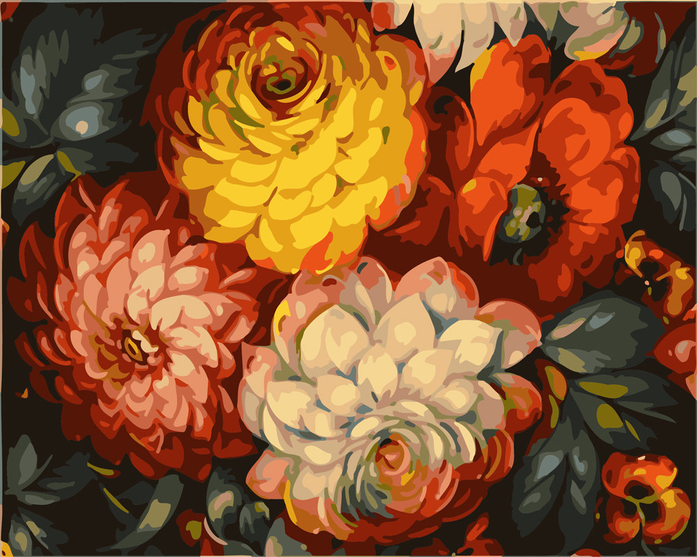 diy数字油画自己填色材料包富贵大红花茶树花壁花盛开百花装饰画