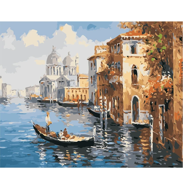 diy数字油画自己填色材料包欧式水上城市桥海岸威尼斯丙稀装饰画