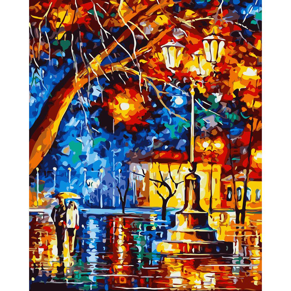 diy数字油画自己填色材料包彩绘炫彩树城市 梧桐树下的情侣装饰画