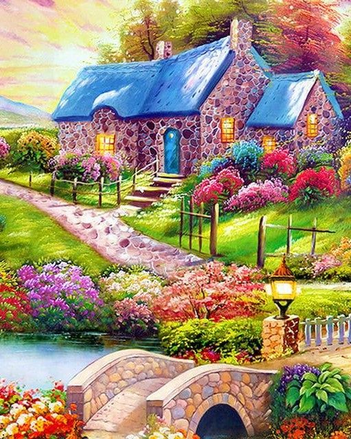 diy数字油画自己填色材料包欧式山村小别墅风景港湾花园屋装饰画