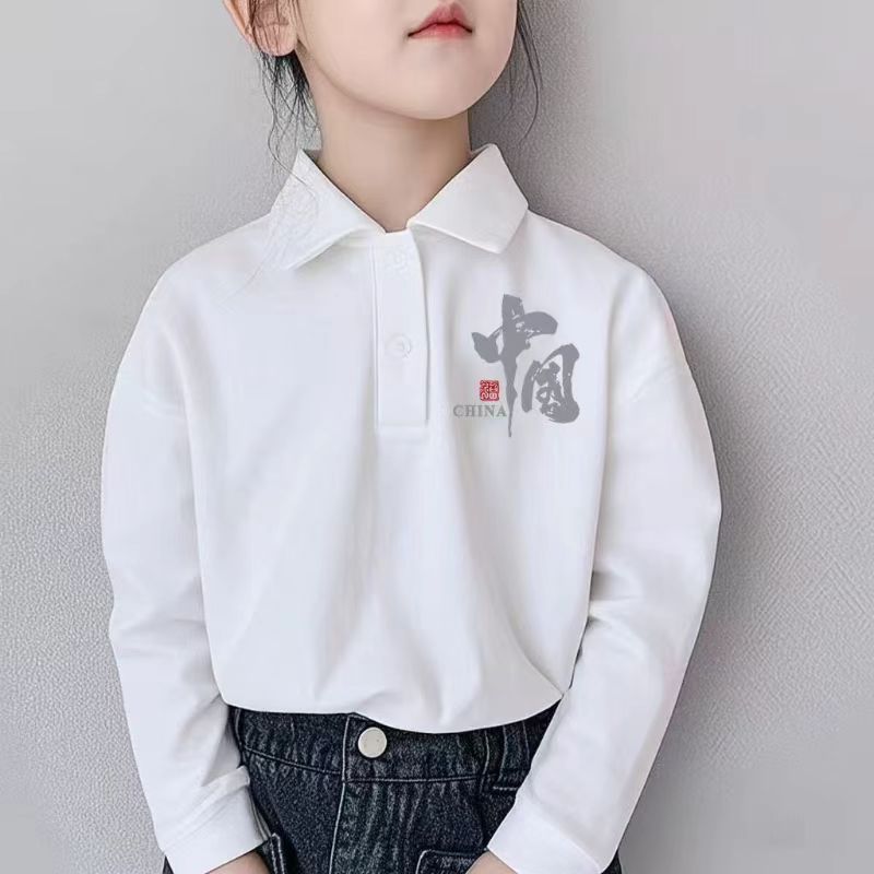 白色polo衫纯棉洋气中大童长袖上衣新款国风女童字母印花童装卫衣