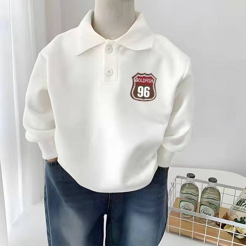 国风polo衫纯棉中大童加绒长袖t恤上衣儿童卡通潮牌白色童装卫衣