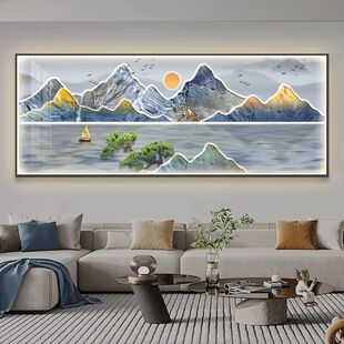 背有靠山客厅装饰画轻奢高级感沙发背景墙挂画旭日东升大气山水画