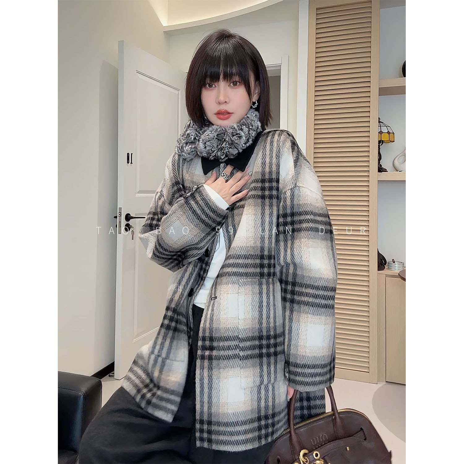 【独占月影】冬季格子撞色翻领气质时尚中长款毛呢外套