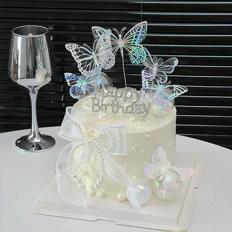 母亲节蝴蝶蛋糕装饰珍珠结摆件钻石插件女神生日快乐幻彩蝴蝶520