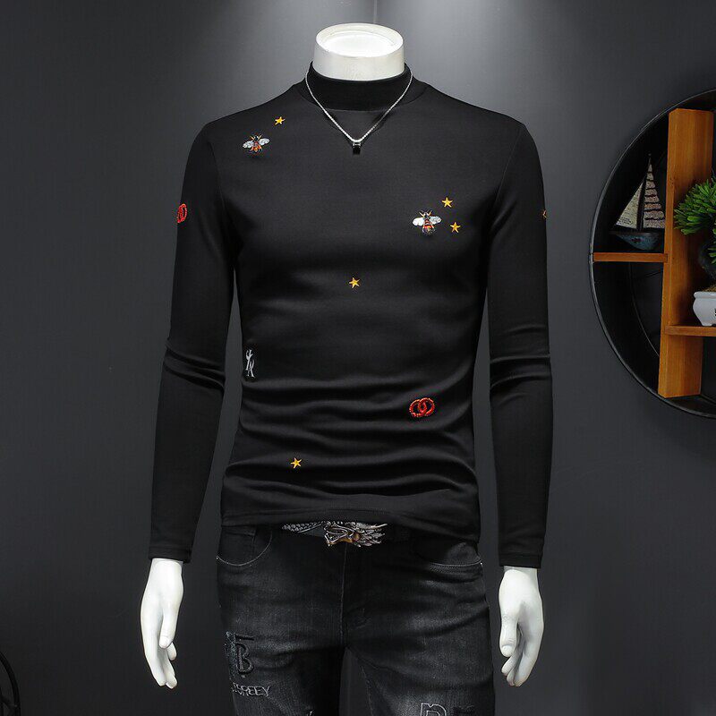 欧洲站秋冬小蜜蜂刺绣半高领长袖T恤男青年修身加绒加厚中领潮男