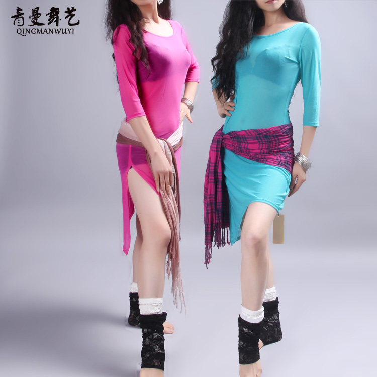 青曼肚皮舞练功服新款网纱连衣裙古典舞练习七分袖网纱罩衫纱衣