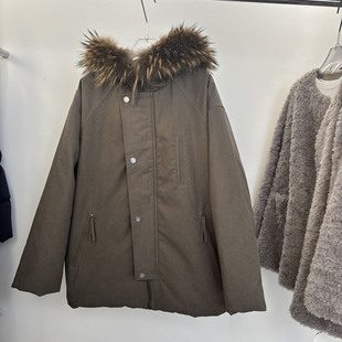 欧洲站2025冬季 百搭宽松抽绳大毛领可收腰羽绒服内胆派克服女 时尚