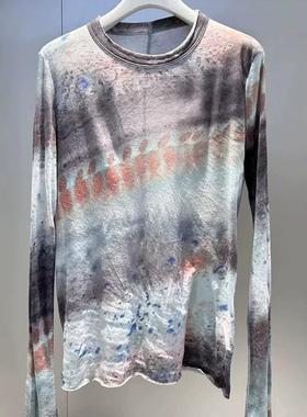 MQ时尚设计感扎染印花薄款强捻棉长袖T恤叠穿打底衫女MACQNF22192