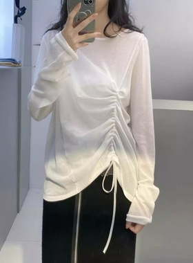 MQ35109小众设计感抽绳系带宽松显瘦长袖t恤微透针织衫上衣女装