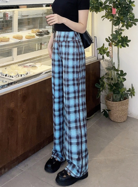 Cofina高个子高腰提臀蓝色格纹宽松休闲翻边运动辣妹阔腿裤女薄