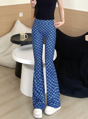 Cofina高个子印花仿蓝高腰提臀休闲裤运动牛仔微喇瑜伽裤喇叭裤