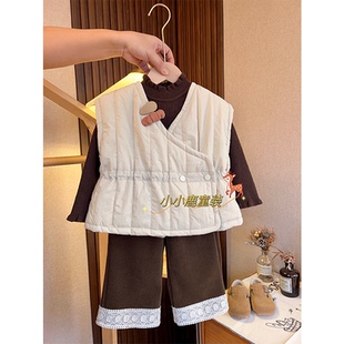 时髦洋气纯色百搭马甲阔腿裤 2025新款 潮 马甲夹棉加绒套装 女童冬季