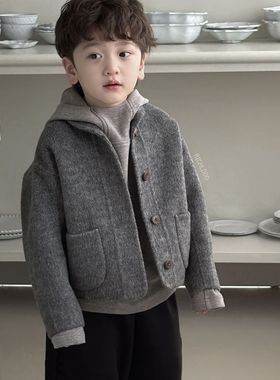 儿童秋冬新款灰色仿羊毛呢外套2025新款男女童时尚韩版宽松呢套装
