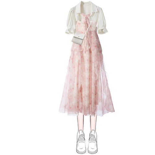 Милое платье, длинная юбка, корсет, комплект, цветочный принт, подходит для подростков, 2023