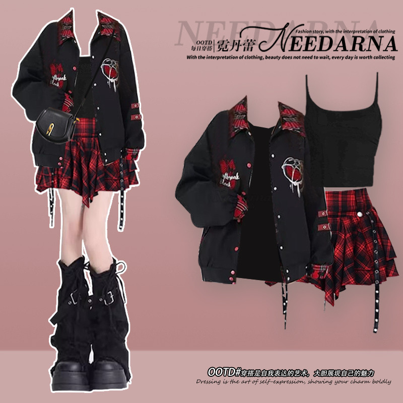 thumbnail for Baseball uniform jacket women's winter set of 2025 new ootd outfit pre-autumn niche American hot girl suit skirt