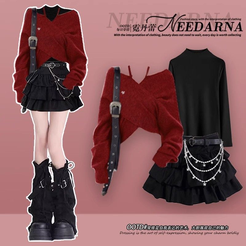 thumbnail for Across the New Year's robe, red knitted dress, children, late autumn and early winter, wear hot girls, golden style, stop short skirts