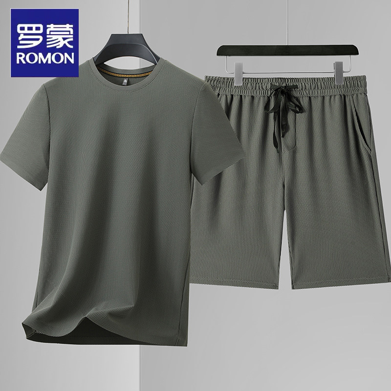 罗蒙冰丝短袖套装男士夏季商务休闲透气薄款圆领t恤短裤两件套