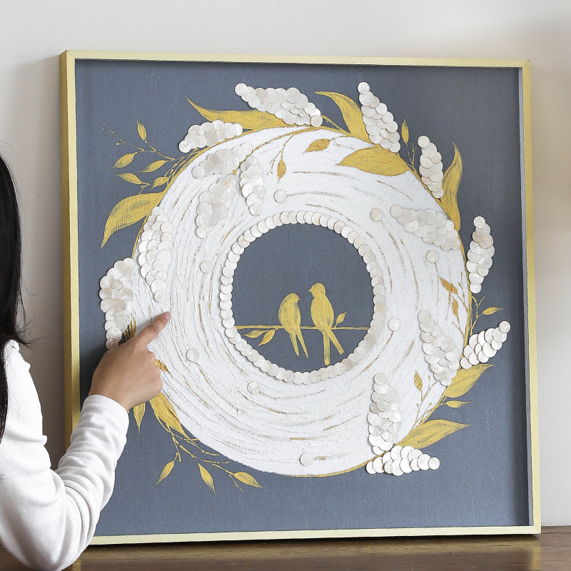 轻奢法式手绘花鸟艺术油画金色贝壳装饰画家居卧室客餐厅两联挂画图片