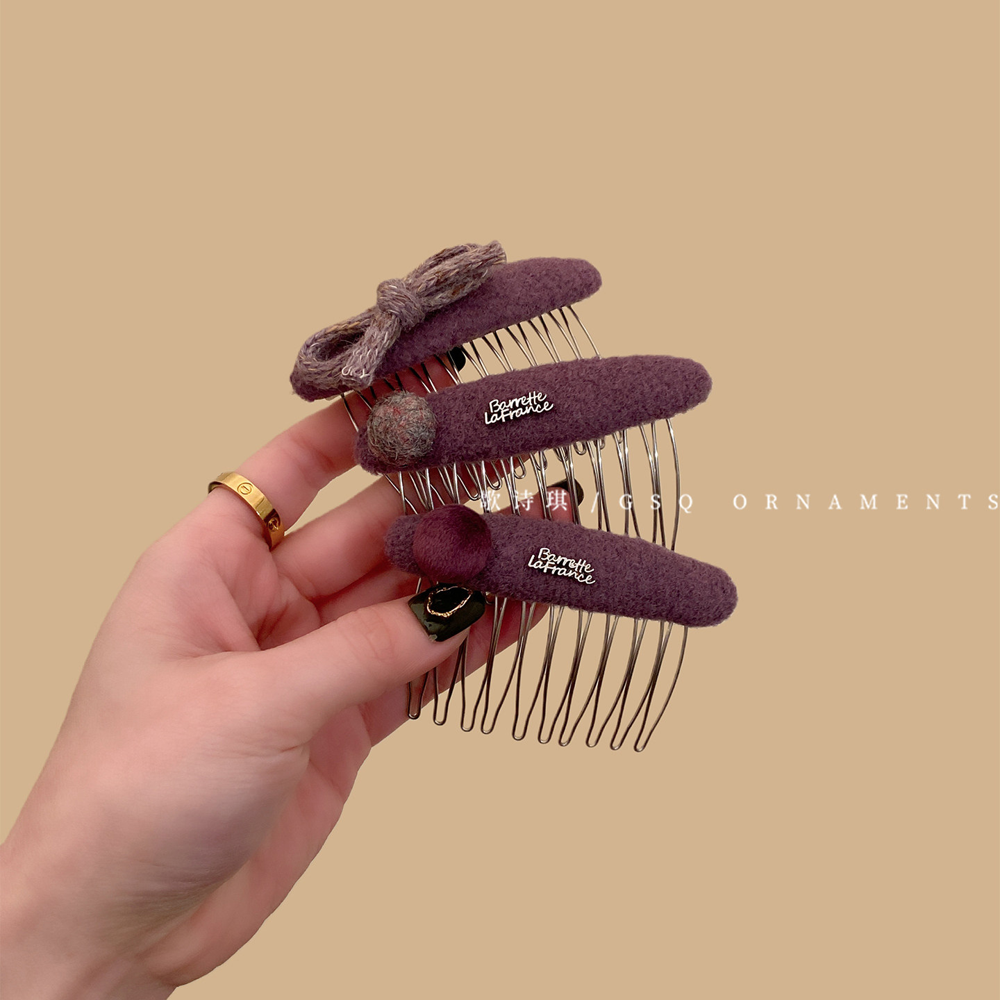 韩系甜美秋冬香芋紫毛呢蝴蝶结发梳侧边碎发卡高炉顶倒插梳头饰