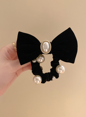 高级复古珍珠黑色丝绒蝴蝶结发圈头绳精致韩国皮套女扎丸子头发绳