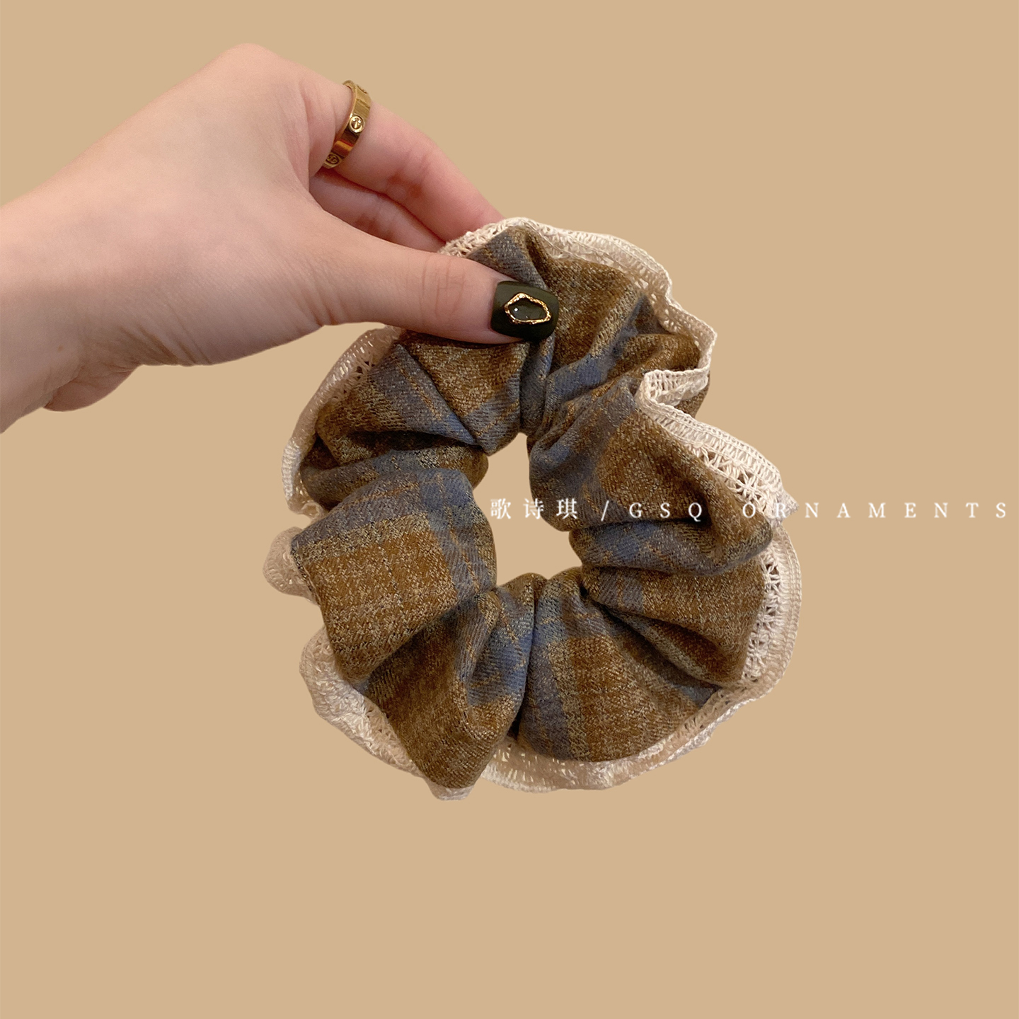 韩系格纹蕾丝花边大肠发圈