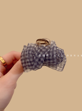 韩系清新蓝色格纹泡泡纱公主头抓夹氛围感刘海夹女后脑勺半扎发夹