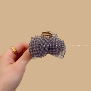 韩系清新蓝色格纹泡泡纱公主头抓夹氛围感刘海夹女后脑勺半扎发夹