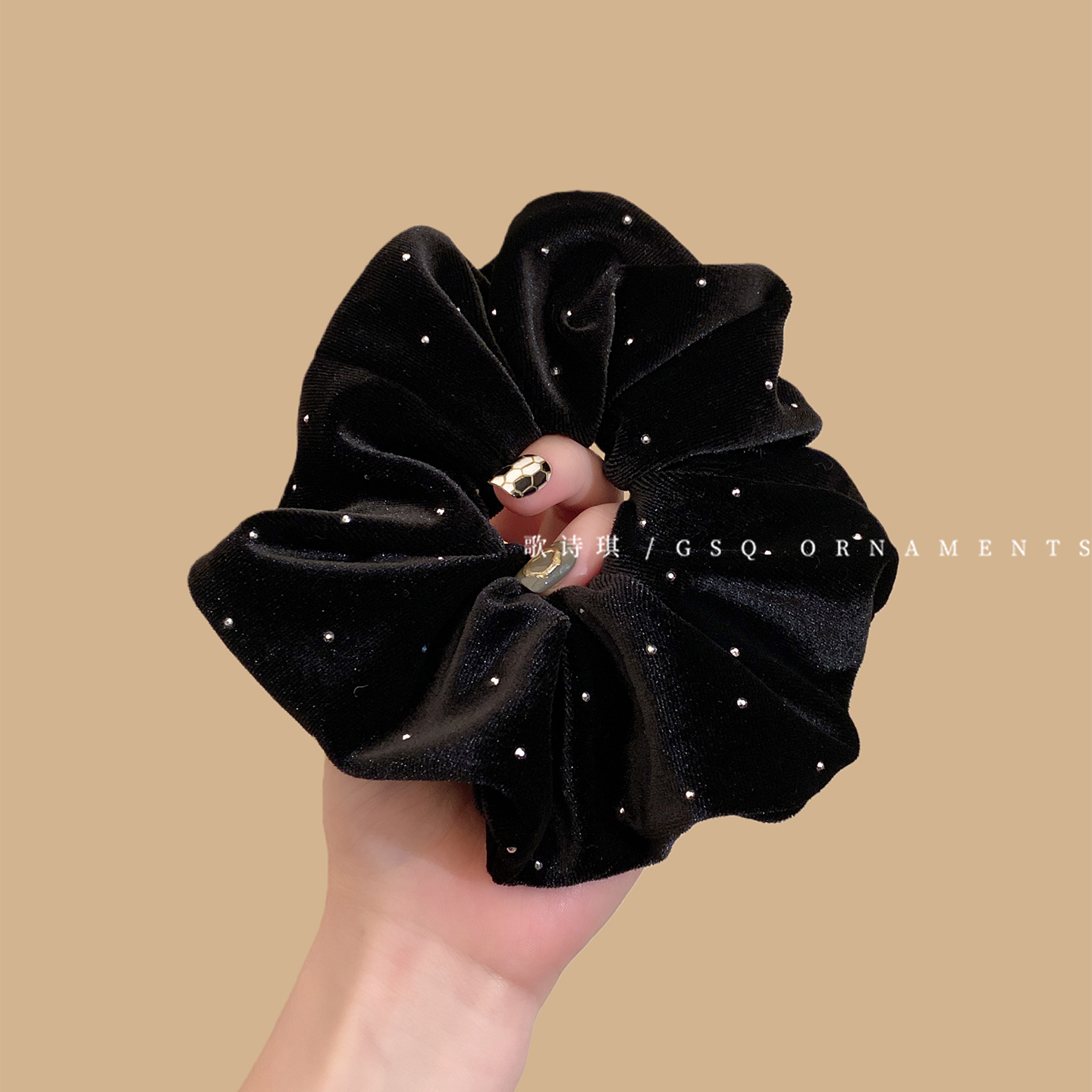 黑色丝绒满天星闪钻褶皱发圈